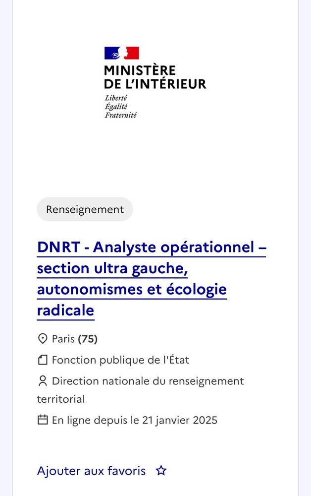 Offre d’emploi Analyste opérationnel section ultra gauche autonomismes et écologie radicale