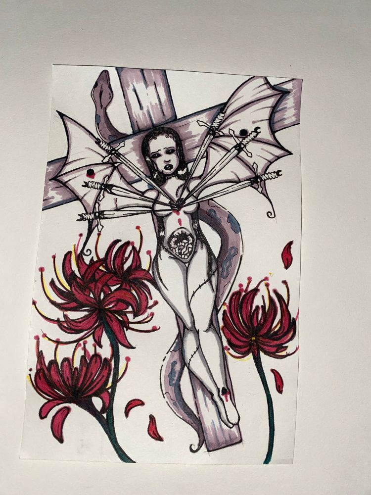 a drawing of a woman with bat wings nailed to the cross, with spider lillies surrounding her 