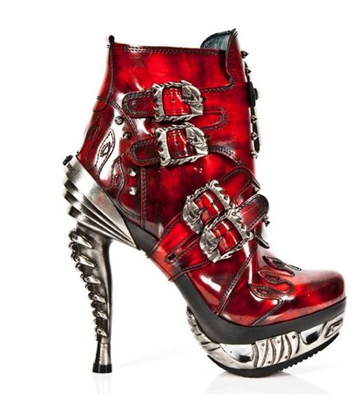 Red high heeled boots with buckled on soles, curved metal platforms and a futuristic metal heel. My description doesn't do it justice.Four buckles all together, which look like they have little flames shooting off them. 