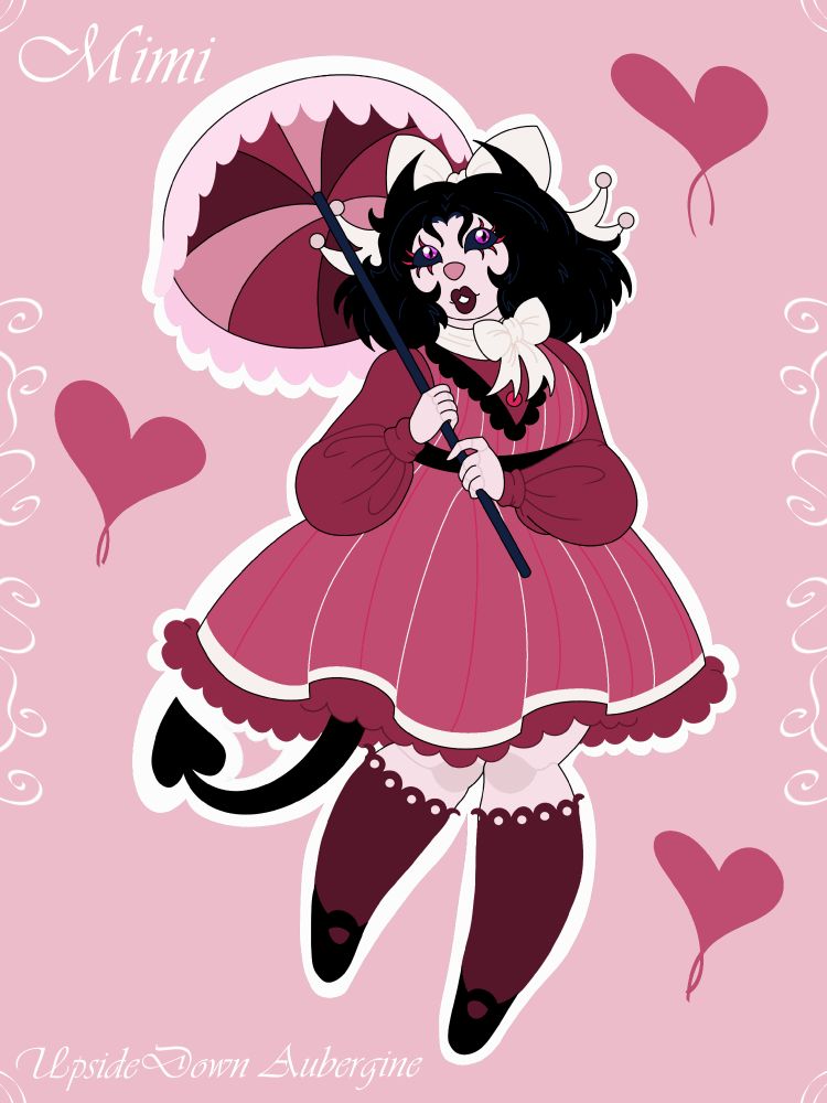 An OC I made for a roblox game called Ribbon Rabbit. Her name is Mimi, a ball jointed doll with black horns and a tail ending in a heart. She's seen wearing a frilly pink dress with dark mauve stockings and black shoes, and is holding a multicolored pink parasol over her shoulder.