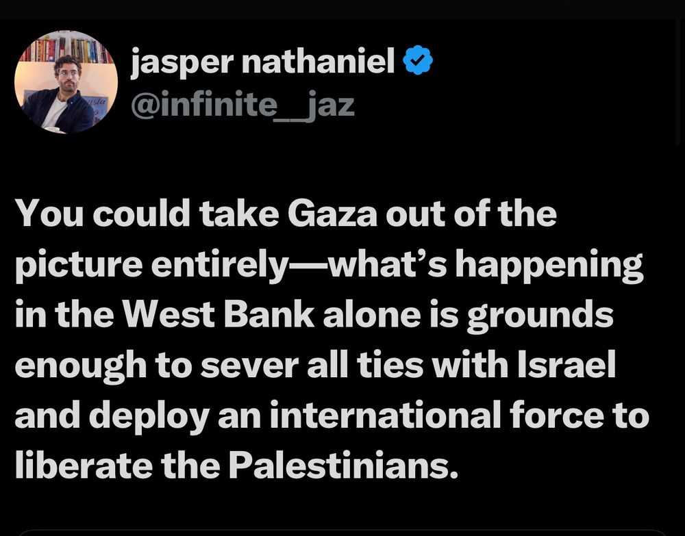 jasper nathaniel & @infinite_jaz
You could take Gaza out of the picture entirely-what's happening in the West Bank alone is grounds enough to sever all ties with Israel and deploy an international force to liberate the Palestinians.