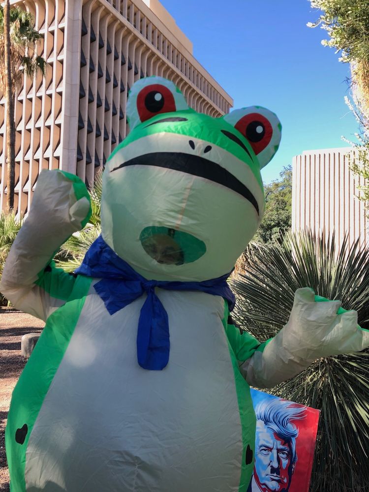 Photo of a person in an inflated frog costume in downtown Tucson on Oct. 18, 2025, #NoKings day