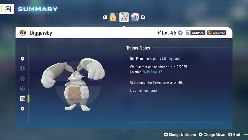 A shiny Diggersby pokedex entry saying it was caught on the 17th of November 2025