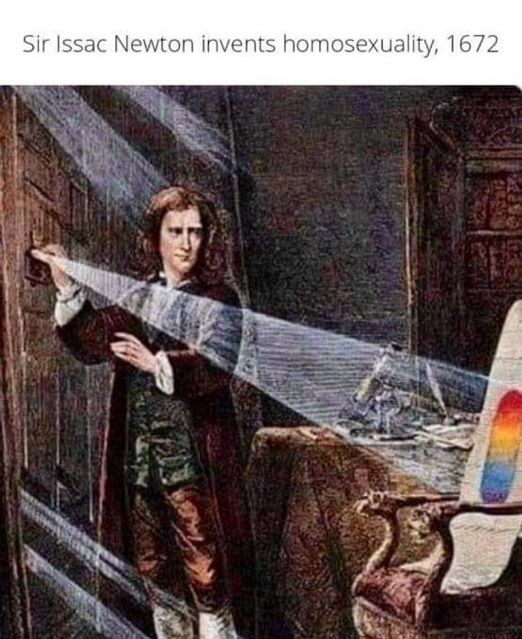 A drawing of Sir Isaac Newton focusing a beam of sunlight through a prism, showing that white light is composed of all the colors of the rainbow.