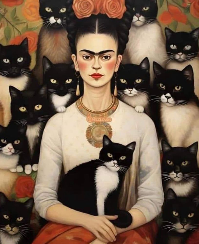 A self-portrait of Frida Kahlo surrounded by tuxedo cats.