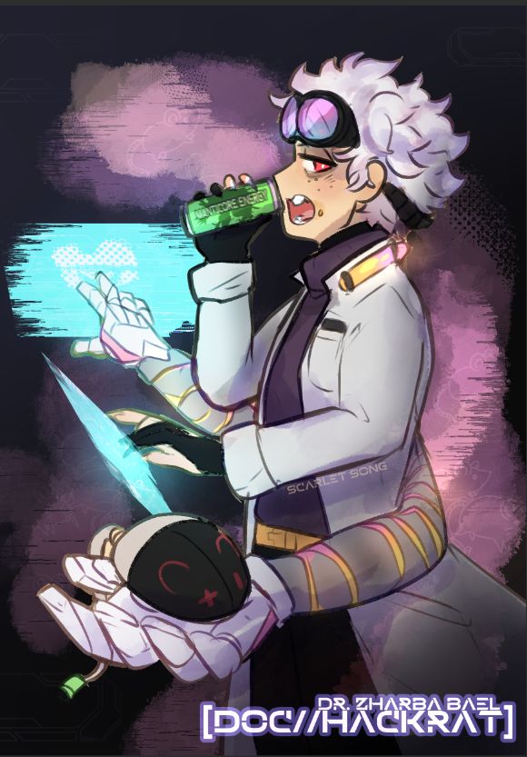 A scifi scientist drinking an energy drink with their robot arms holding a mouse