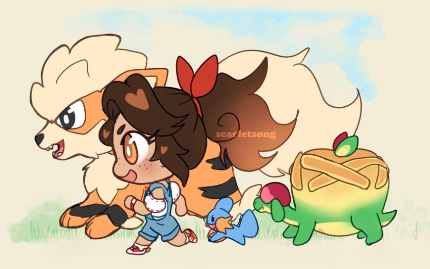 Chibi of a Freckled femme trainer (Scarlet) running with her Pokemon, Arcanine, Mudkip & Appletun