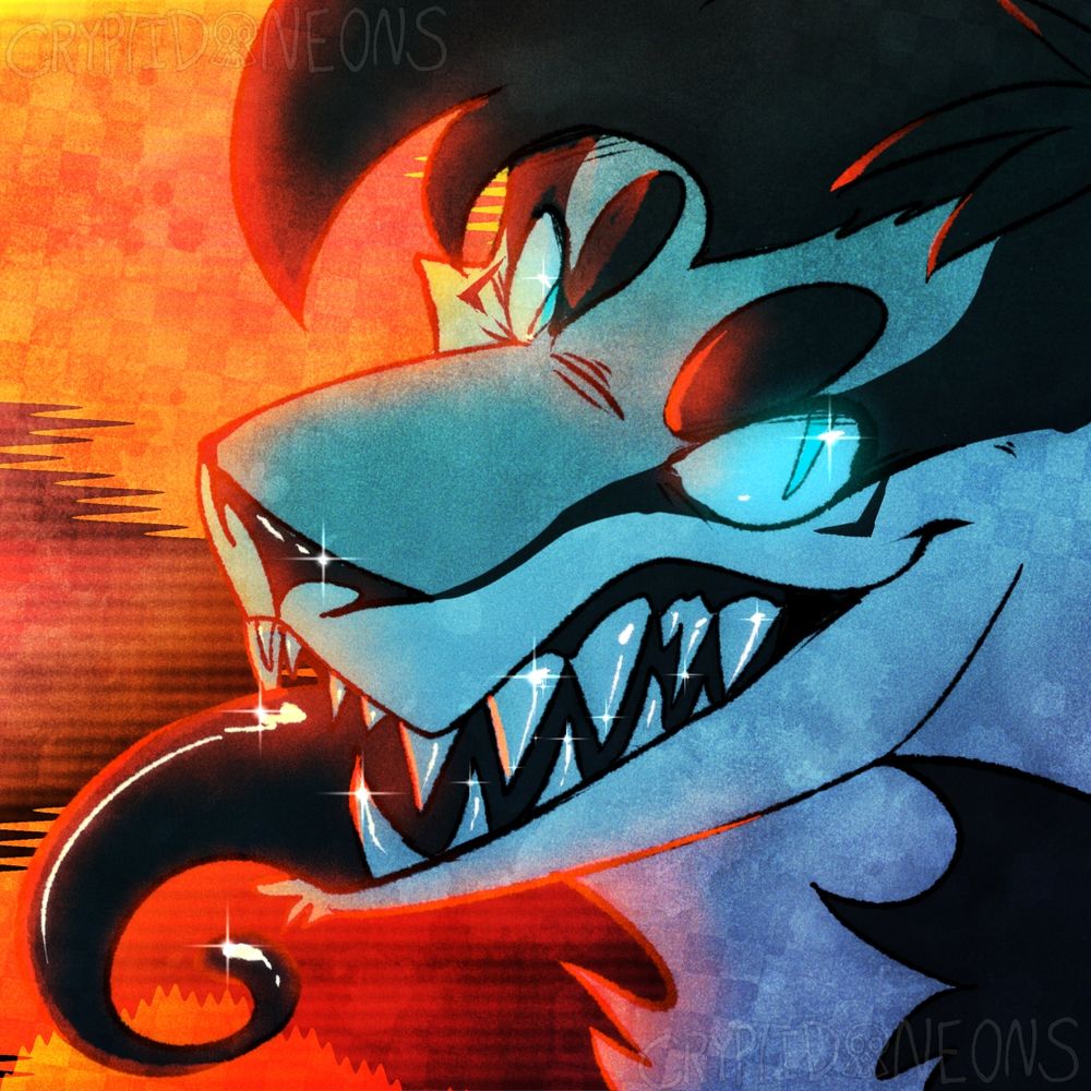 A black, white and gray vatslime with glowing cyan eyes grins at the viewer with an orangey background.