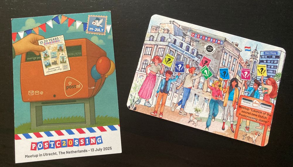 Two Postcrossing meet-up cards, one from Utrecht meet-up on 13 July 2025 and one from The Hague meet-up on 14 July 2025.