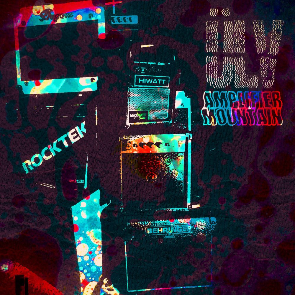 The cover of the album “Amplifier Mountain”, a stack of small guitar amplifiers.  