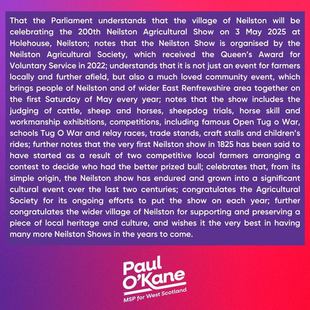 The body of text of the motion. Below body of text is a Paul O’Kane MSP logo.
