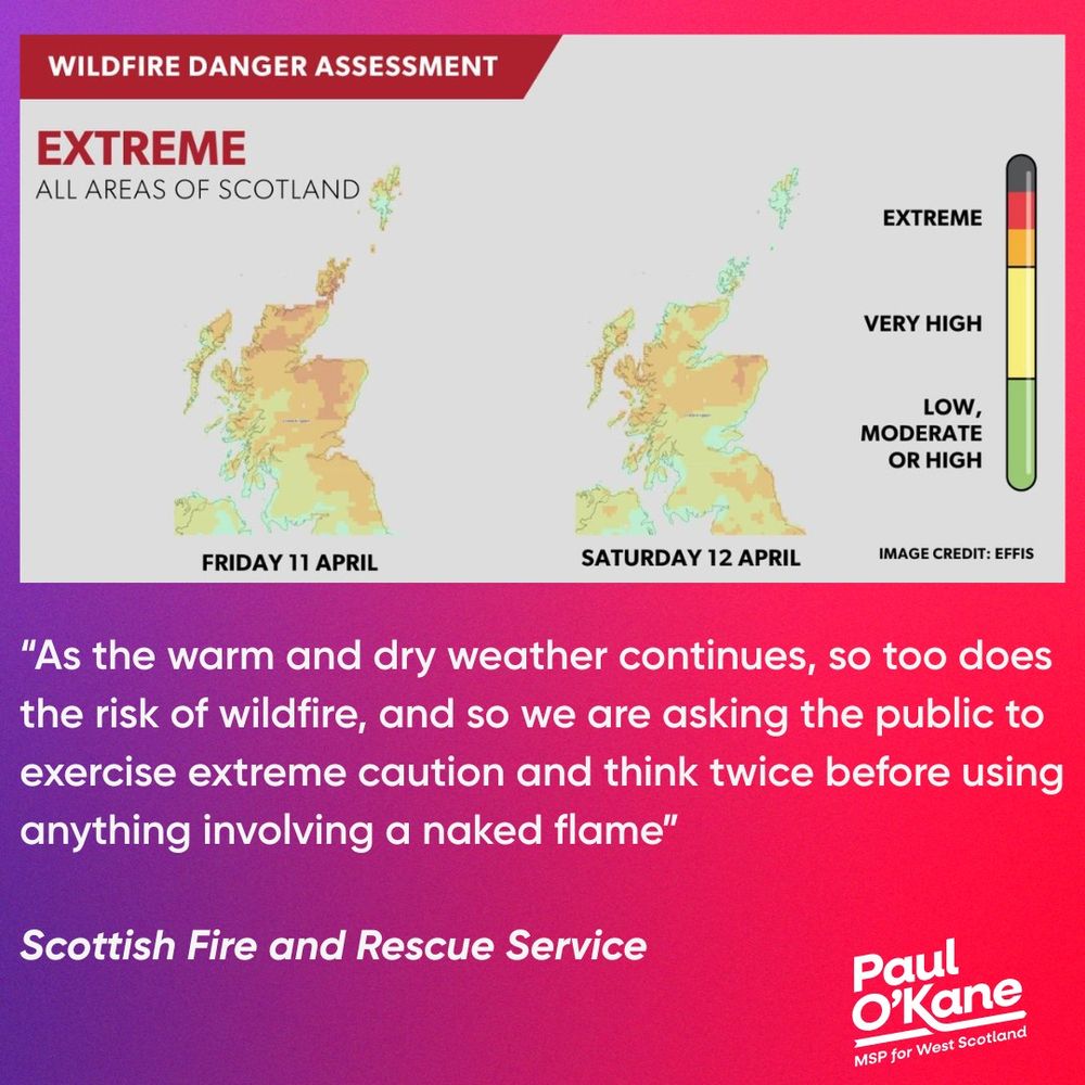 A graphic showing the Scottish Fire and Rescue Service warning about there being an extreme risk of wildfires on Friday 11th April and Saturday 12th April. 

Under the graphic is a quote from SFRS urging people to be very careful doing anything that involves a naked flame.
