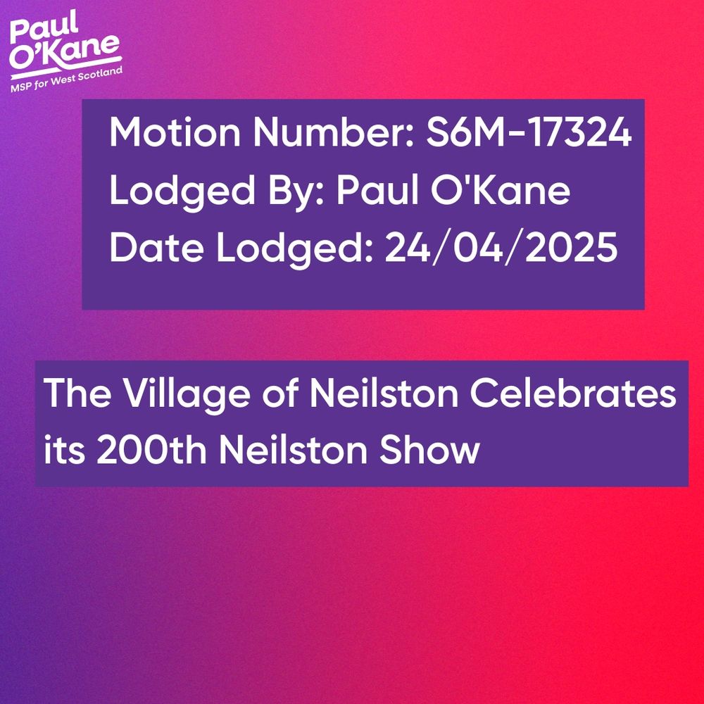 A graphic containing the title and other details of a Scottish Parliament motion published by Paul O’Kane