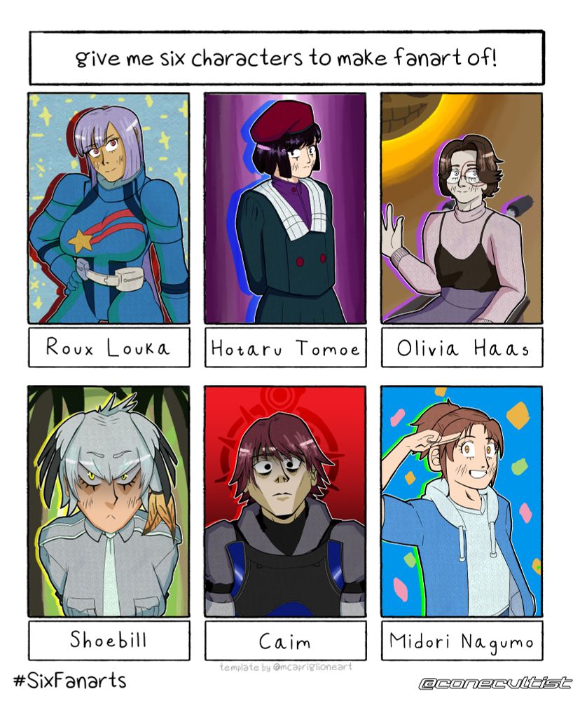6 Characters fanart template. From left-to-right, top-to-bottom: Roux Louka from Mobile Suit Gundam ZZ, Hotaru Tomoe from Sailor Moon, Olivia Haas from Fear and Hunger 2: Termina, Shoebill from Kemono Friends, Caim from Drakengard, and Midori Nagumo from CITY: The Animation