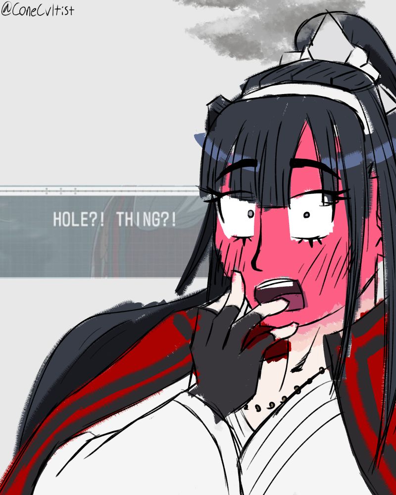 Kyoshika Magadori from Hundred Line: Last Defense Academy. Behind her is a screenshot from a textbox in-game reading "HOLE?! THING?!"