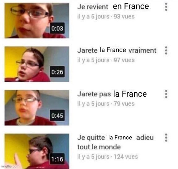 Même du jeune de youtube qui quitte et arrête youtube en boucle, adapté.
1re case : je revient en France
2e case : Jarete la France vraiment 
3e case : Jarete pas la France
4e case : Je quitte la France adieu tout le monde