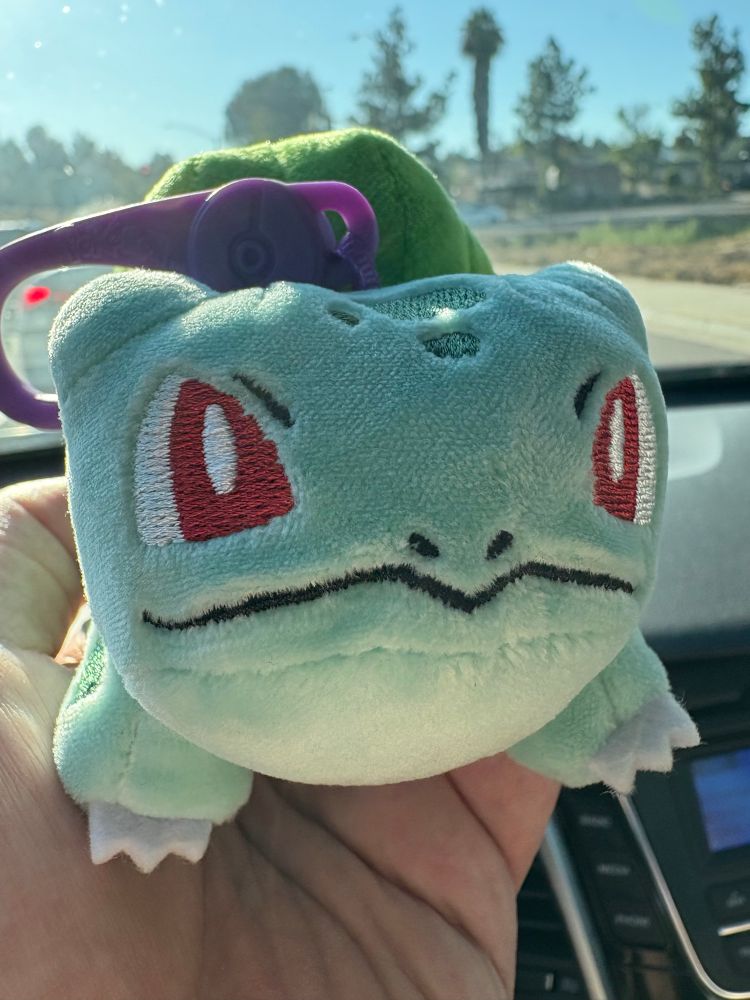 photo of a hand holding up a Pokémon Bulbasaur plushie keychain in a car