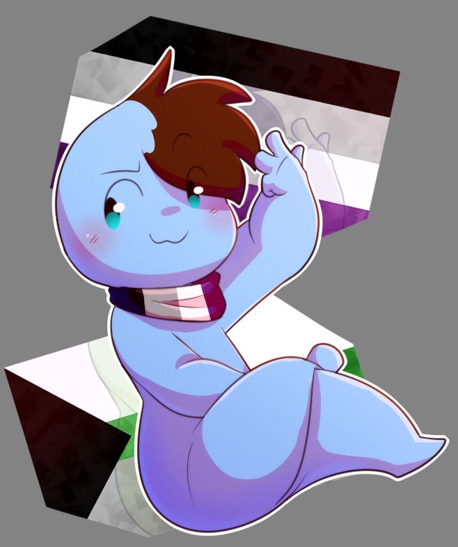 My main sona, a blue thing, wearing a scarf with the asexual flag colors making a peace sign with one leg across the other leg. Behind them are the asexual and demi-romantic flags