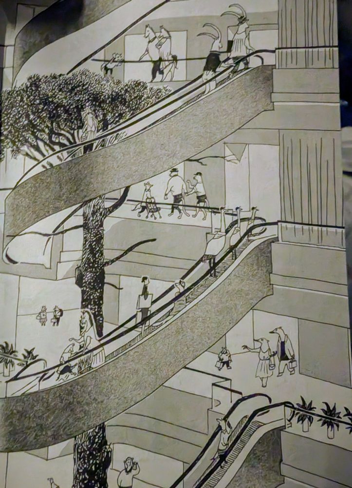Animals traveling up and down stairs between levels of the store.