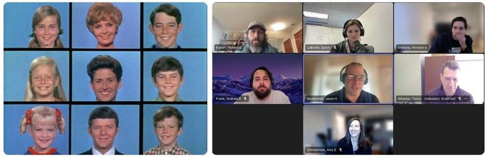 Screen shot showing the Brady Bunch 9 square opening on the left and a Teams meeting on right with my screen showing up in the center square.