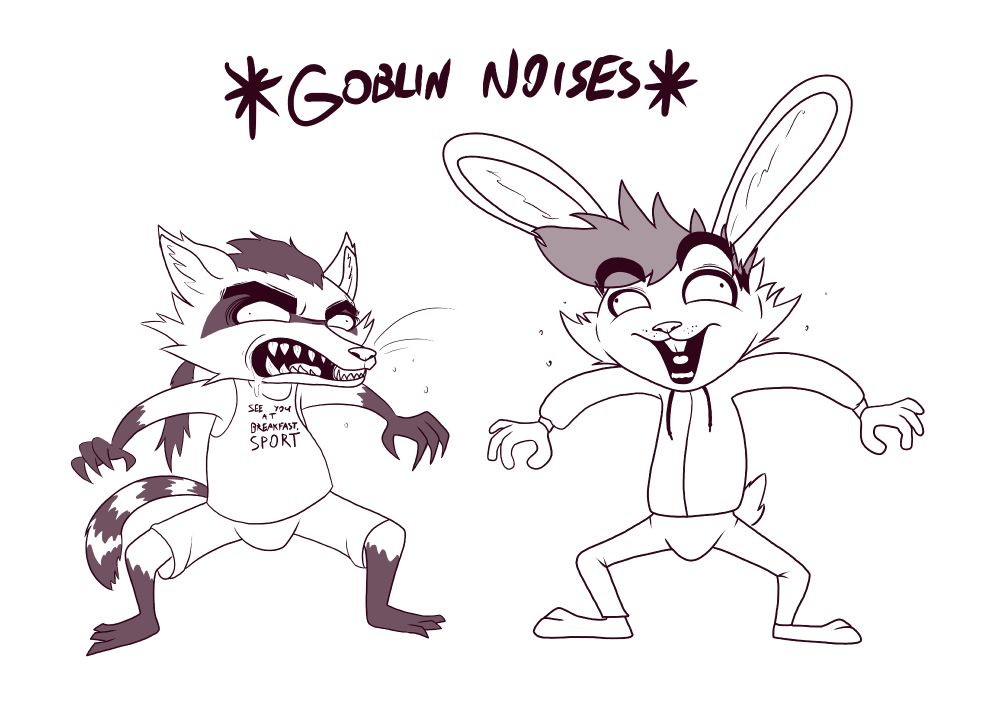 Chovie the raccoon and Inoby the bunny making goblin noises at each other to attract mates.