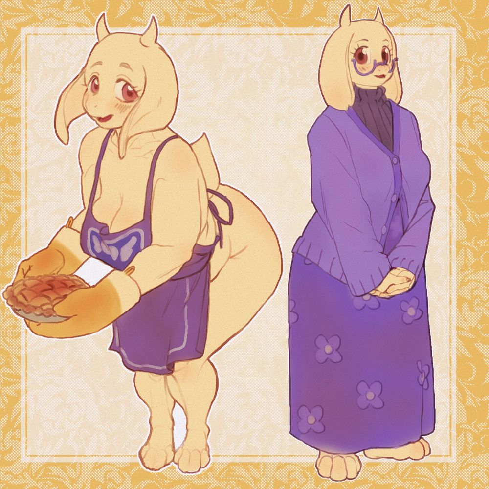 Two images: On the left, toriel bends over, lifting a pie out of the oven, wearing only an apron and oven mits. On the right, a fully clothed Toriel with her glasses on.