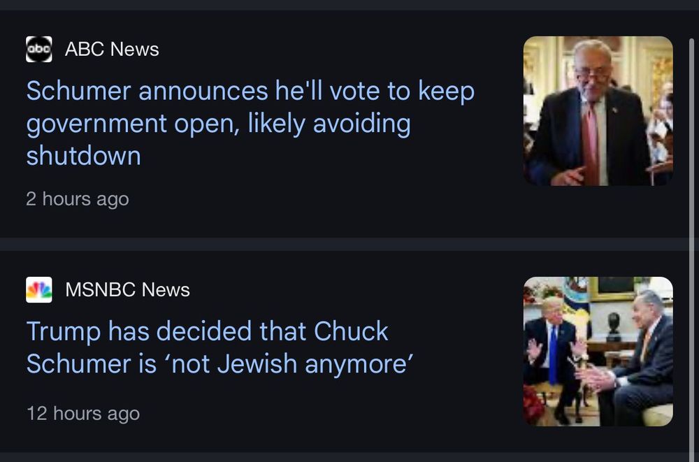 an article from ABC news saying schumer will vote to keep government open

an article from MSNBC detailing trump cravenly disinheriting chuck schumer from his jewish heritage “not jewish anymore”