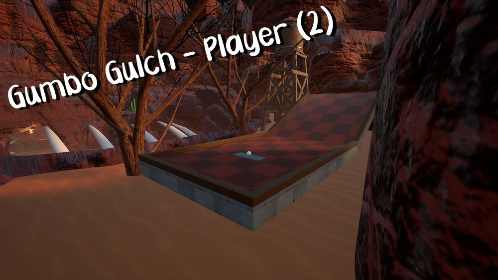 An image of a custom minigolf map set in desert mesa. Map is titled Gumbo Gulch and is uploaded by "Player (2)".