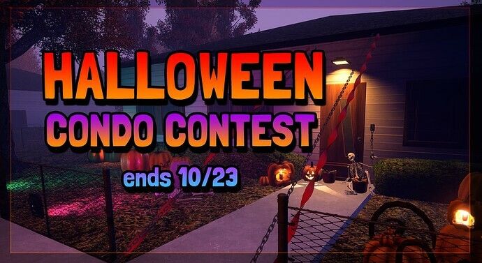 A picture of the front of a house, decorated with pumpkins and a skeleton with the test "HALLOWEEN CONDO CONTEST ends 10/23" written in large font.