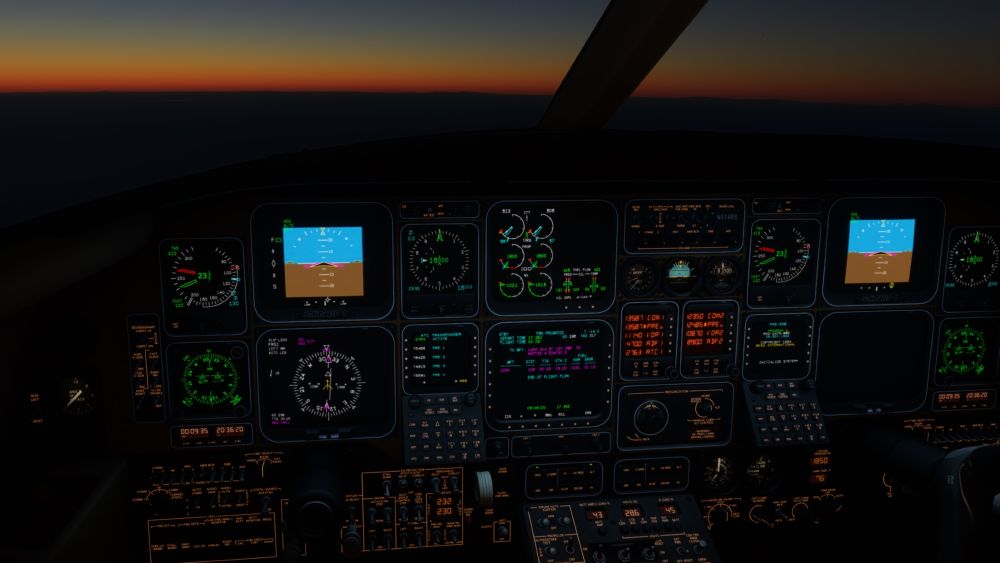Cockpit of the Starship at night, operated through 14 CRTs prone to overheating and shutting down if you aren't careful about them.