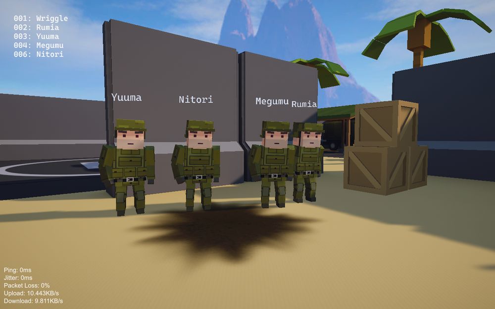 4 players with the names Yuuma, Nitori, Megumu, and Rumia standing in a line in front of a concrete(?) barrier, a scorch mark under them, and some stacked crates to the right.