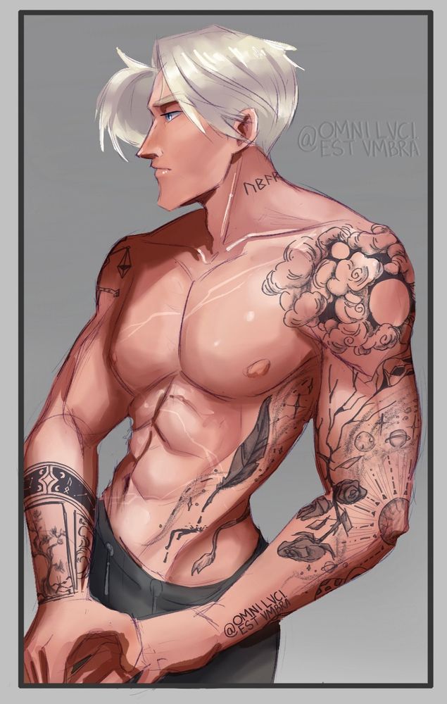 Draco Malfoy shirtless with tattoos on display 