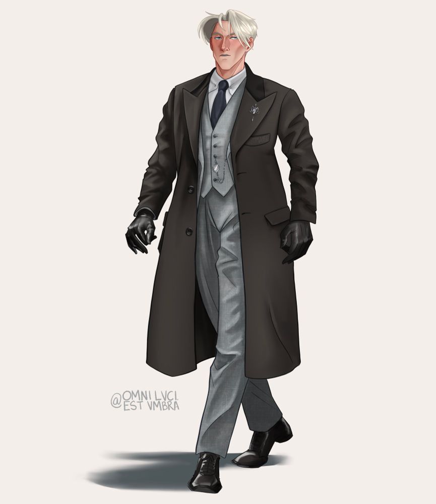 Draco walking in a black overcoat, grey 3-piece suit with navy tie and black leather gloves 