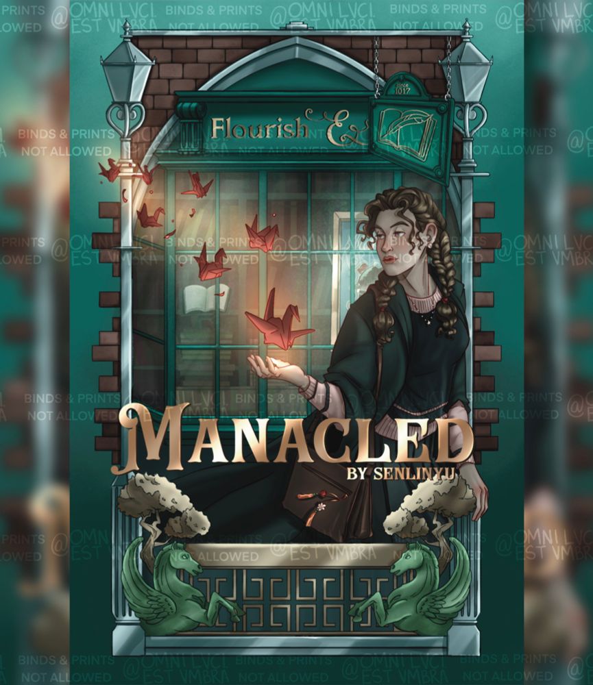 Manacled Cover featuring Aurore “Black” who is looking over her shoulder at flying red paper cranes one of which has floated down to her hand. The background is Flourish & Blotts and there is a frame surrounding the image that features lampposts, bricks, golden bonsai trees, and jade Granian Winged Horses
