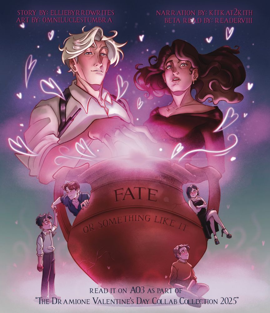Cover art for the fic “Fate or Something Like It”. Draco Malfoy and Hermione granger stand over an ancient glowing Roman jar that Draco is reaching into. Chibi versions of Harry Potter, Theo Nott, Neville Longbottom and Pansy Parkinson sit around the bottom of the jar. 