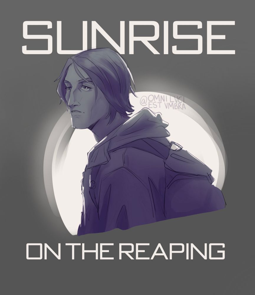 Sketch of young Haymitch Abernathy with a backpack on, a bright light behind him and the words “sunrise on the reaping”