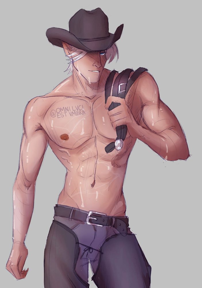 Draco Malfoy shirtless with cowboy hat and chaos