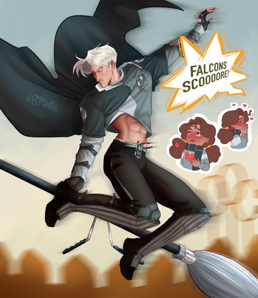 Draco in a Falmouth Falcons Quidditch kit doing a “touchdown celebration” pose on his broom with shirt flying up showing off abs. Little chibi versions of Hermione blush next to him and text says: Falcons Scooooore!