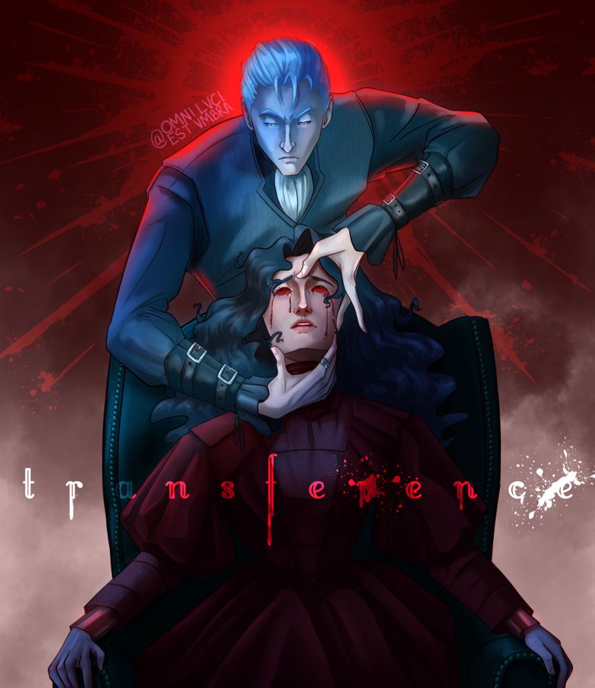 Kaine with his hands on Helena’s jaw and forehead as he begins the process of transference. Helena sits in a chair with blood running from her eyes. 