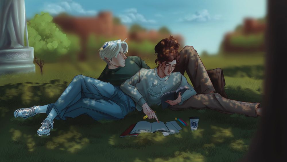 Constellation Draco (in day mode with a little horn) rests on the grass under a tree with Hermione while she studies.
