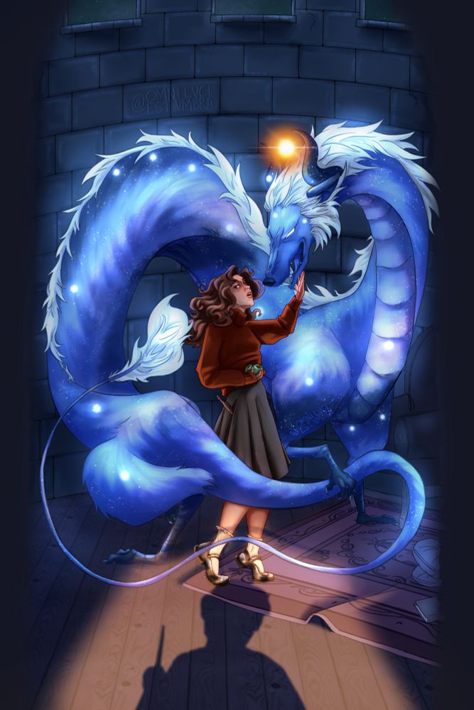 Constellation Draco in his dragon form, curled around Hermione as she reaches up and touches her jaw. The floor reveals the outline of a door and a mysterious silhouette…