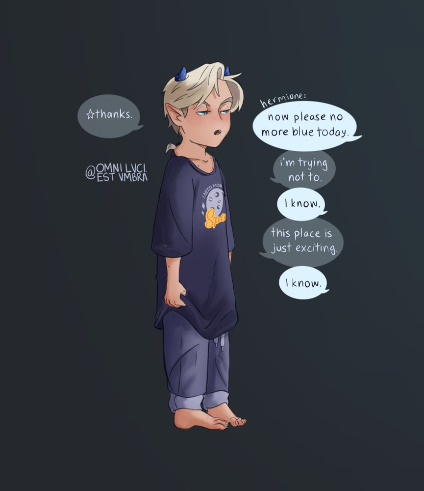 Little version of ⭐️Draco in his new pair of replacement gift shop clothes (XXL this time just in case) 
⭐️D: thanks
H: now please more blue today
⭐️D: i’m trying not to
H: I know
⭐️D: this place is just exciting
H: I know 