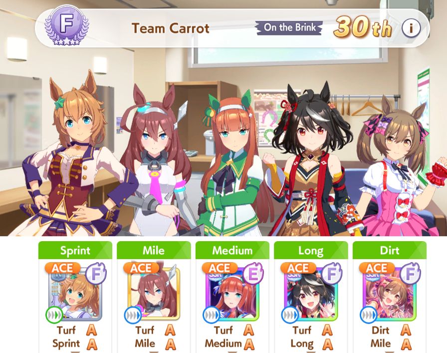 Umamusume Unity Cup team editing screen. Of note is Kitasan Black having her signature racewear as she didn't have it before the patch. also rip i dont have suzuka or falco.