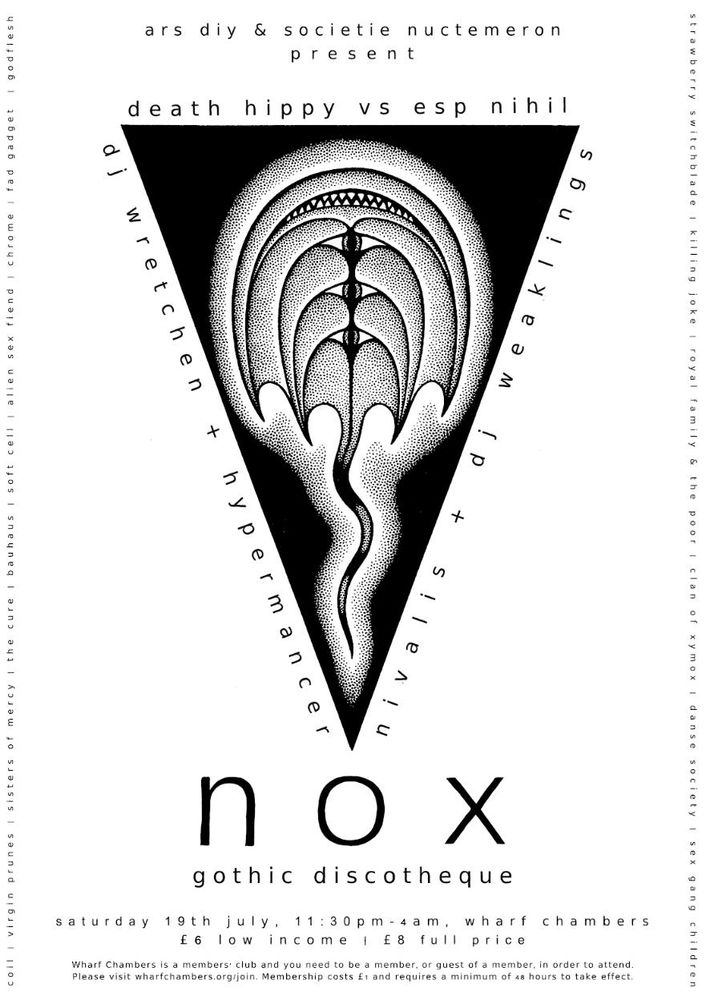 Poster for NOX do this discotheque on 19th July at Wharf Chambers in Leeds. Entry is £6 low wage or £8 full price. 
