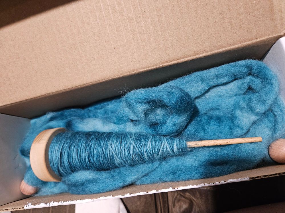 A box that is longer than it is wide. Open to show a pool of teal roving beneath a top whorl drop spindle with yarn wrapped around it, spindle from the roving. 
