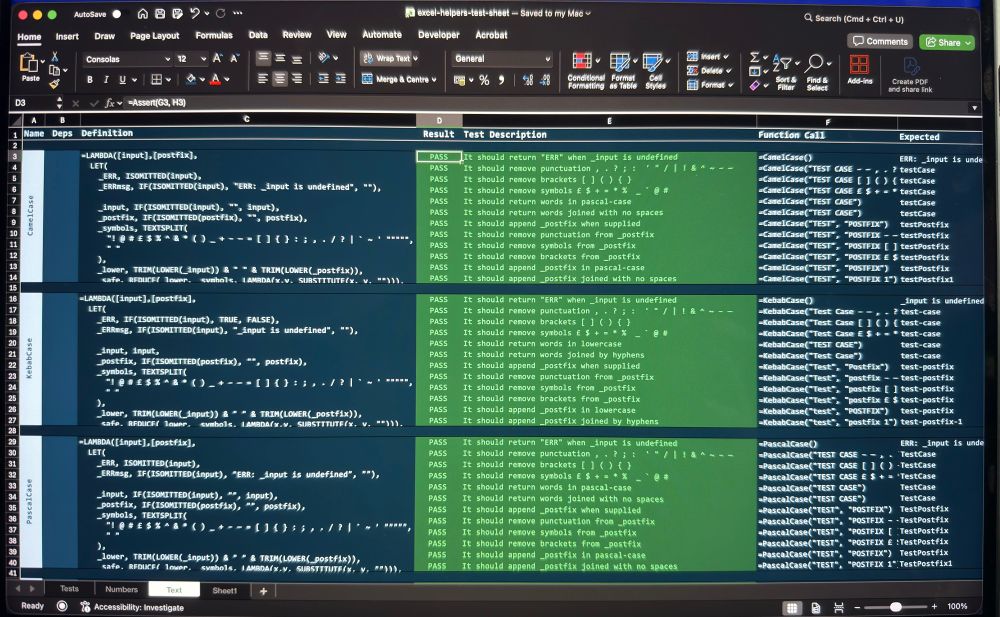 An excel spreadsheet that shows various LAMBDA functions being defined along side unit tests that say things like: PASS, it should return words in lower case. The passing tests are highlighted in green. 
