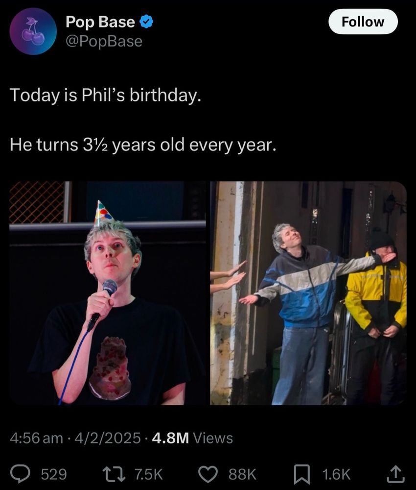 edit of pop base’s “Today is Elmo’s birthday. He turns 3½ years old every year.” tweet to say phil and show photos of him instead 
