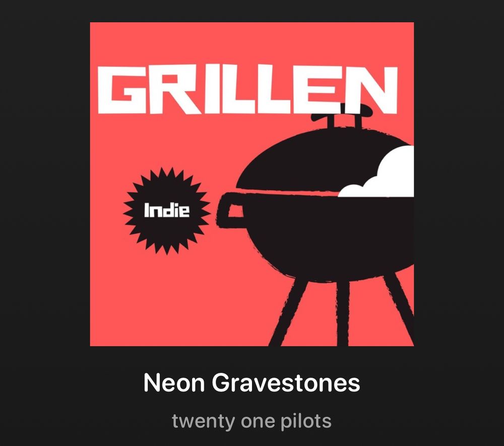 neon gravestones album art is a barbecue with ‘grillen’ in white text at the top and indie next to it in a black spiked circle 
