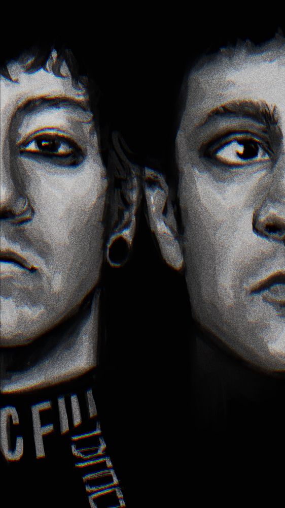 black and white drawing of josh and tyler with half of their faces visible 