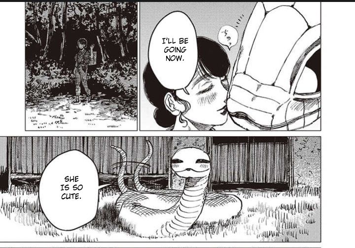 Página do manhwa The Great snake's Bride. Na primeira parte, a protagonista da um beijo na lateral do rosto da grande cobra Daija, que se surpreende e ela diz "I'll be going now." Ou, em tradução livre "Estou saindo agora". No próximo quadro, ela está em meio a floresta acenando para trás. No quadro seguinte, o Daija em traços mais simples está acenando com a cauda e tem um sorriso fofo no rosto, enquanto diz "She is so cute" ou "Ela é tão fofa". Fim.